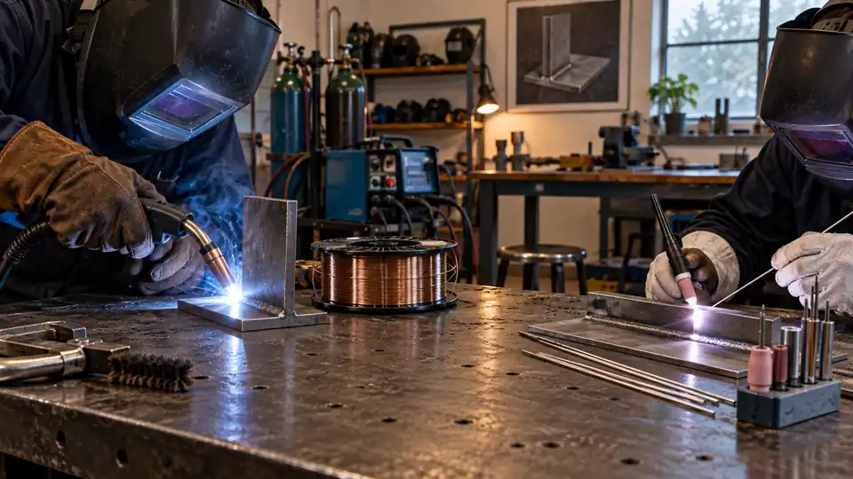 MIG torch and wire spool beside a TIG torch and filler rod