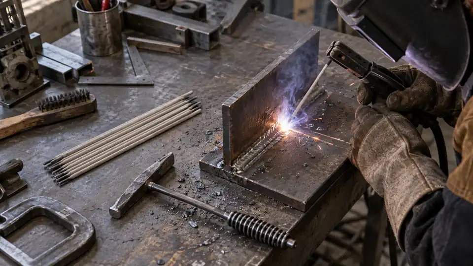 stick welding electrode holder and coated rods beside a steel joint
