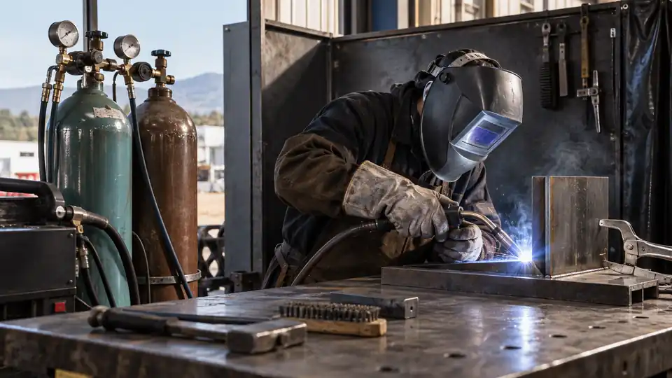 welding gas cylinders with regulators beside a gas-shielded welding torch and steel joint