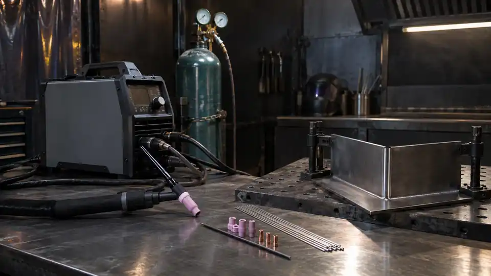 TIG welder with torch, tungsten, and argon cylinder beside a steel joint