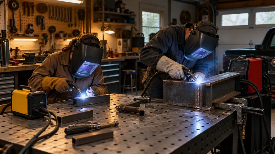 two welding setups showing a compact circuit and a larger welding machine beside steel joints