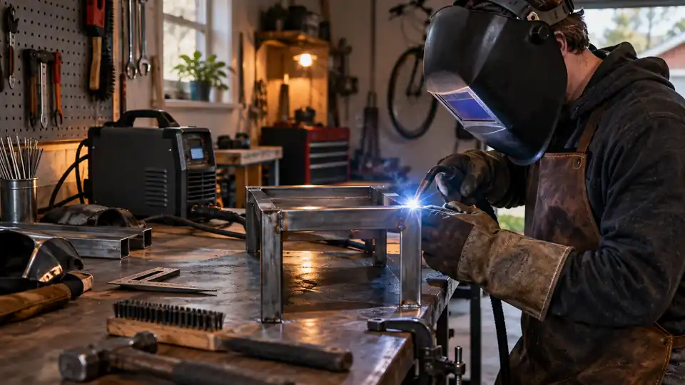compact welder beside a simple steel repair in a home garage