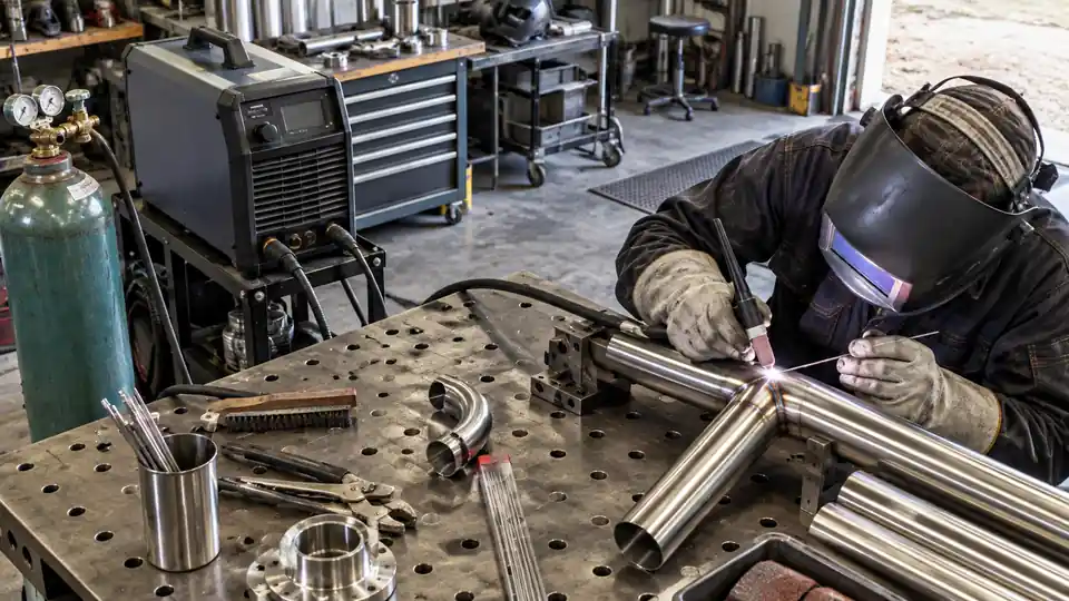 TIG welder beside a stainless-steel tube joint and argon cylinder