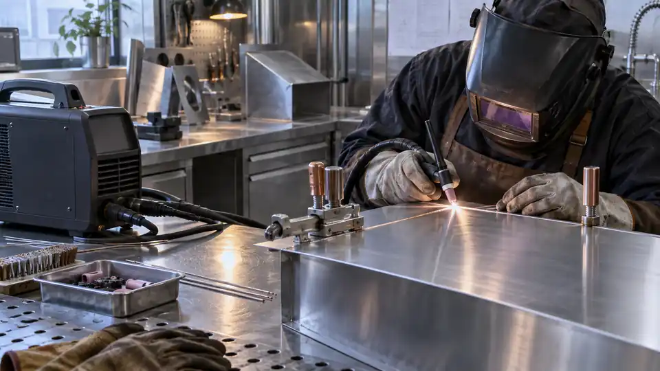 compact welder beside thin sheet metal panels and clamps