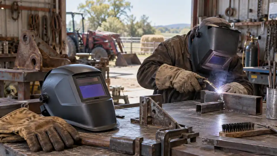auto-darkening welding helmet beside gloves and a simple steel joint