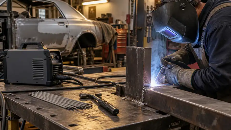 inverter stick welder beside coated electrodes and a heavy steel joint