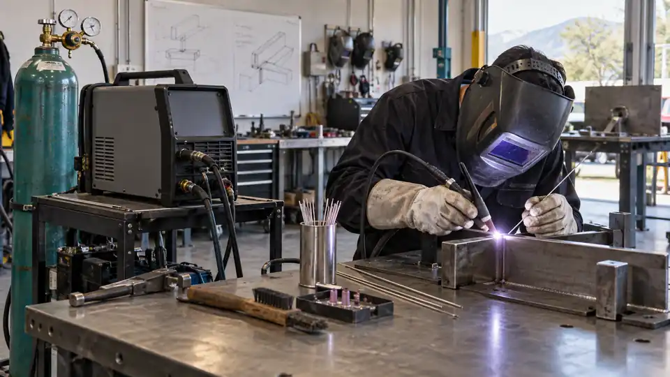 TIG welder with torch, tungsten, and argon cylinder beside a steel joint