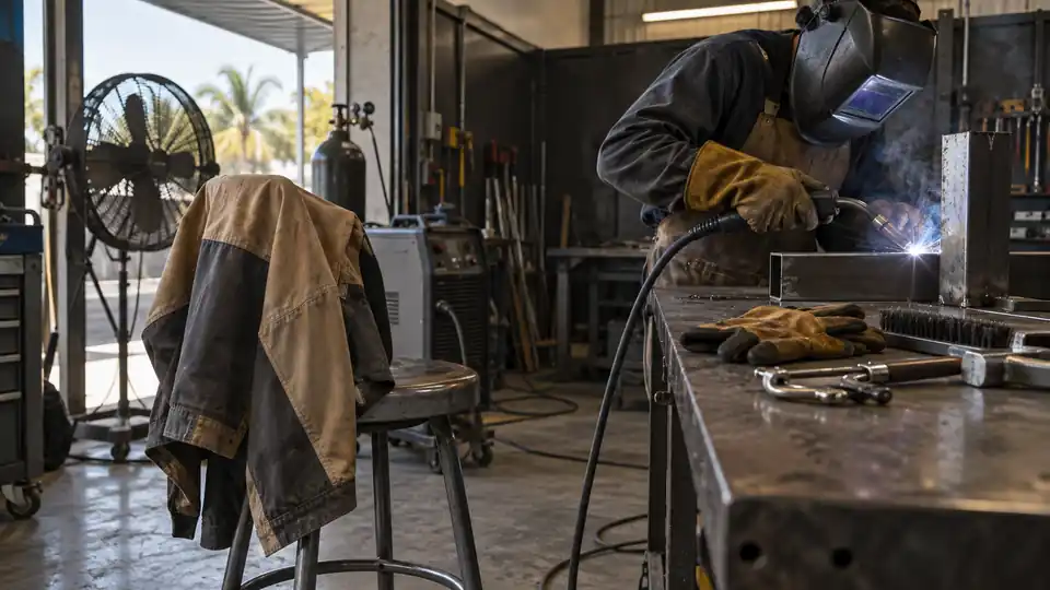 lightweight welding jacket in a warm-weather workshop beside welding gloves