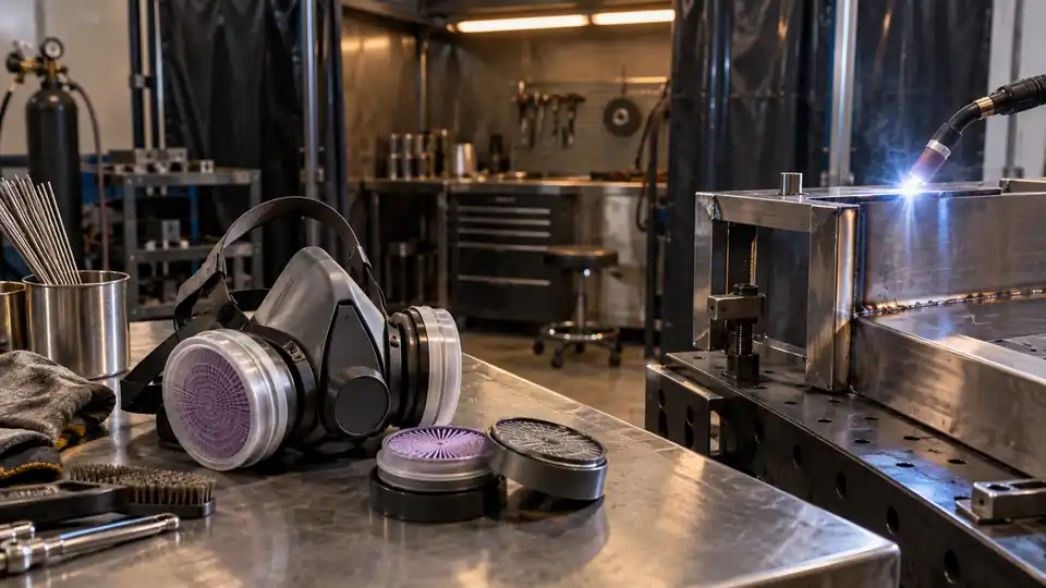 half-mask welding respirator beside a welding booth and steel workpiece