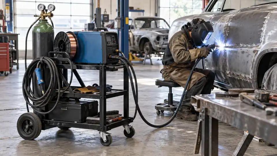 welding cart carrying a welder, gas cylinder, and organized cables beside a steel project