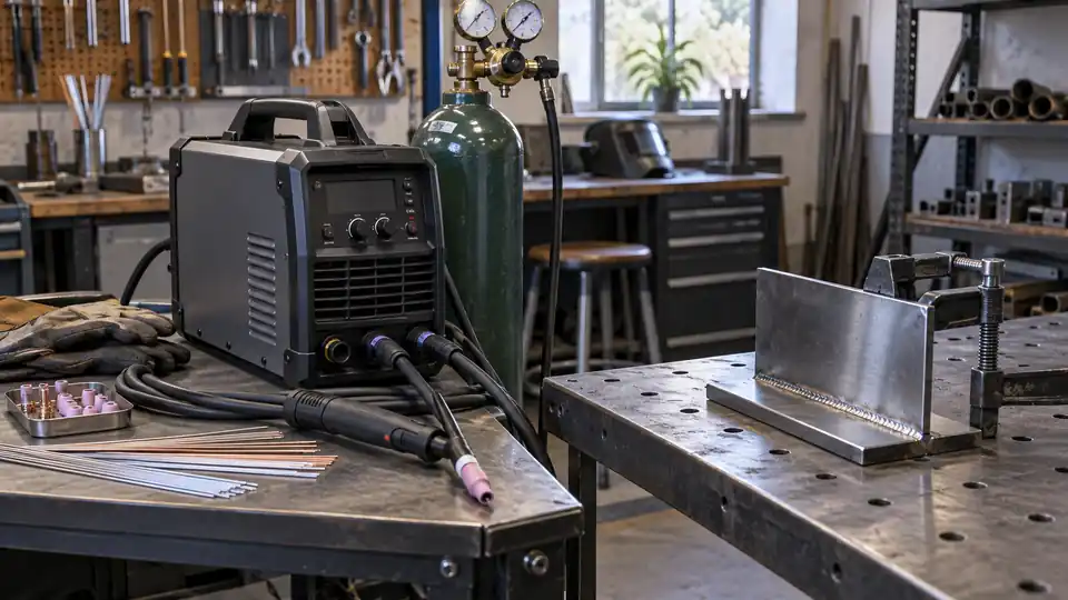 TIG welder with torch, tungsten, and argon cylinder beside a steel joint