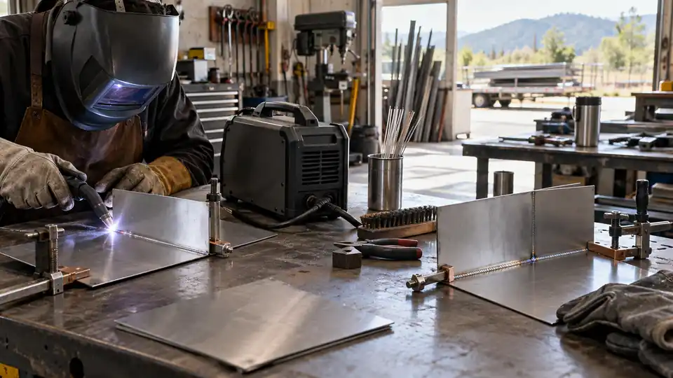 compact welder beside thin sheet metal panels and clamps