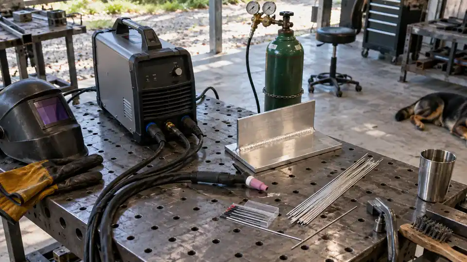 AC/DC TIG welder beside an aluminum joint, torch, and argon cylinder