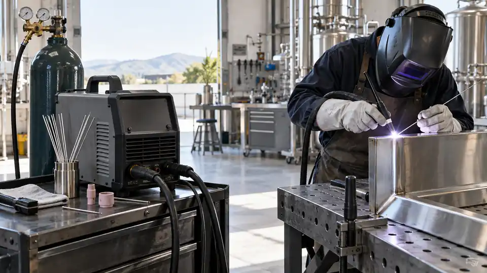 TIG welder with torch, tungsten, and argon cylinder beside a steel joint
