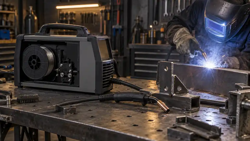 flux-cored welding setup with wire spool and steel brackets