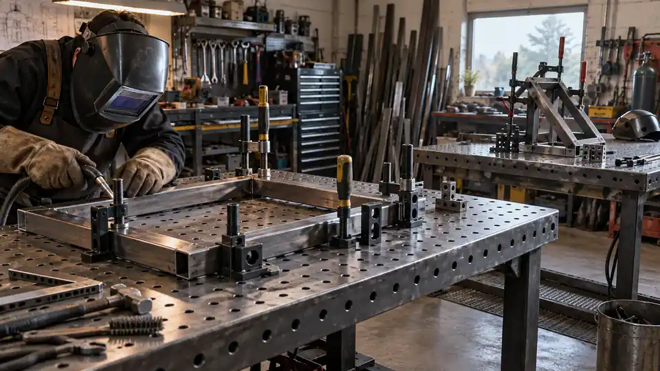 perforated steel welding table with fixtures and clamps around a square metal frame