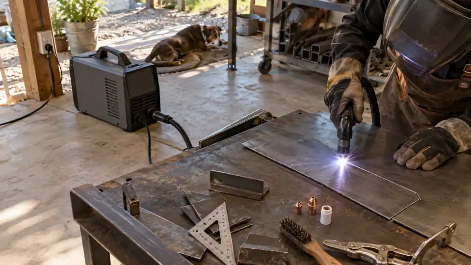 compact 110V-style plasma cutter cutting thin steel plate in a home workshop