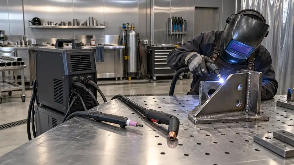 multi-process welder and plasma cutter setup beside a freshly cut steel bracket