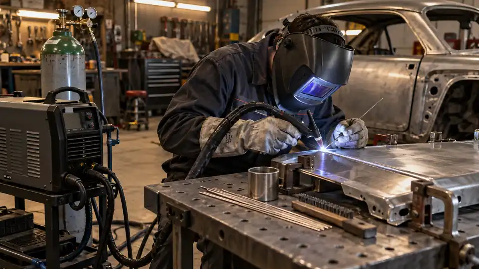 TIG welder with torch, tungsten, and argon cylinder beside a steel joint
