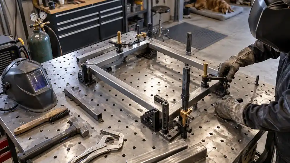 perforated steel welding table with fixtures and clamps around a square metal frame