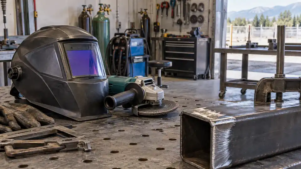 auto-darkening welding helmet beside a grinder and steel workpiece