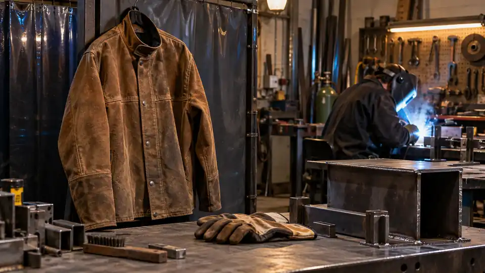 leather welding jacket hanging beside a welding booth and steel workpiece