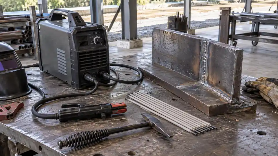 inverter stick welder beside coated electrodes and a heavy steel joint