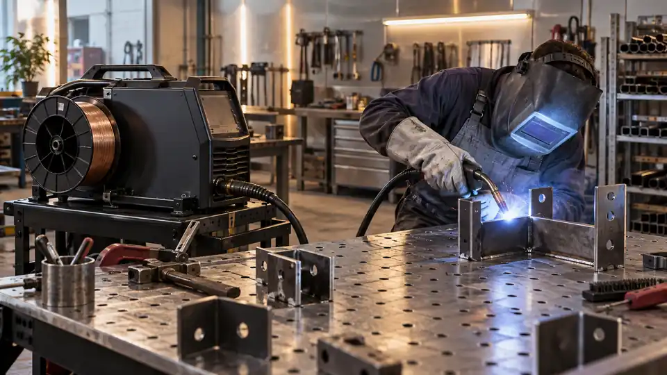 MIG welder with wire spool and torch beside steel brackets