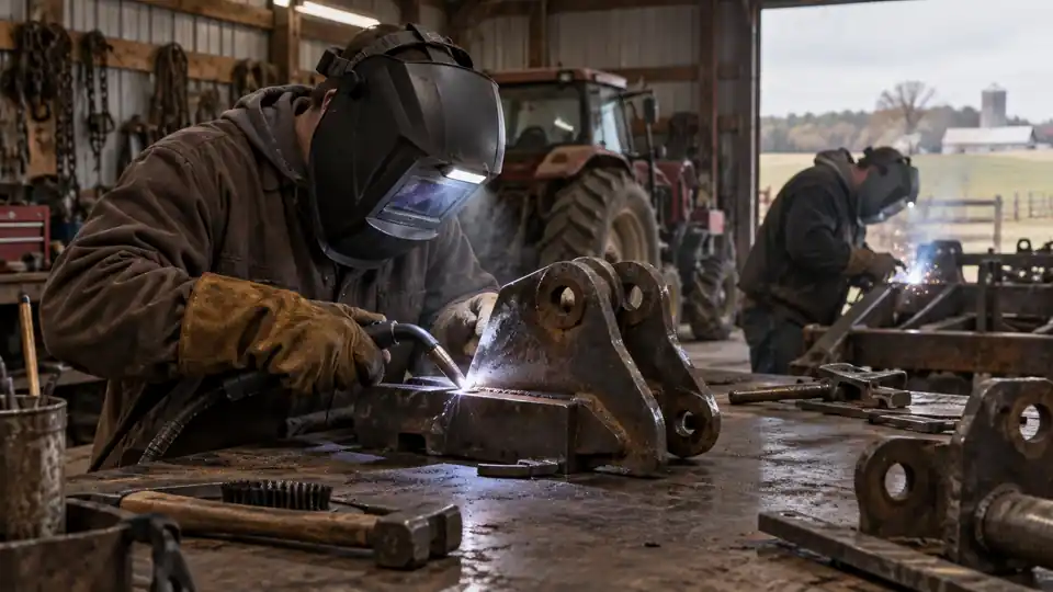 welding helmet with an integrated light illuminating a metal joint